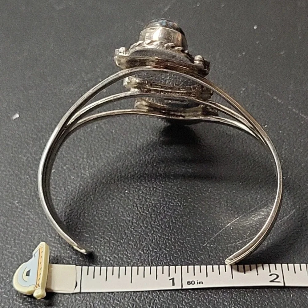 Native American Large Sterling Silver Triple Turquoise Stone Cuff Bracelet ... - Picture 9 of 14